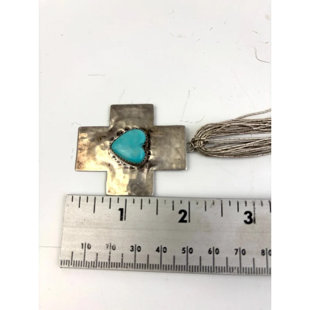 Vintage Sterling Liquid Silver Heishi Bead Necklace Turquoise Heart Cross‎ 32g